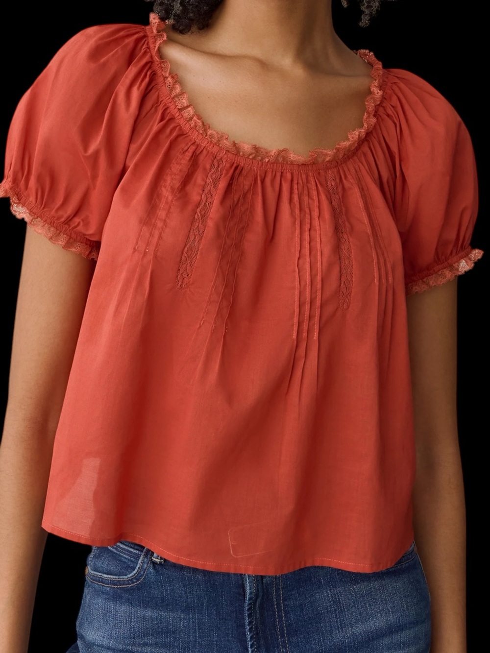 Few Moda Sorella Isaline Cotton Top Rust Orange Peasant Lightweight Short Sleeve